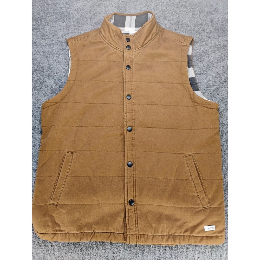 Union SEA WA Mens Medium Brown Quilted Canvas Vest Plaid Lined Snap Workwear